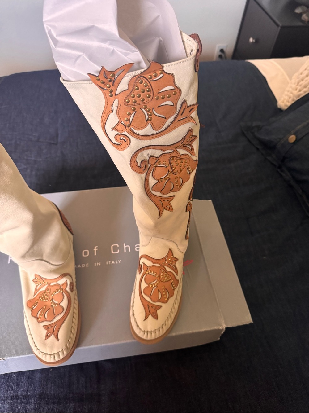 Free People Cream Over-the-Knee Boots with Tan Floral Applique
